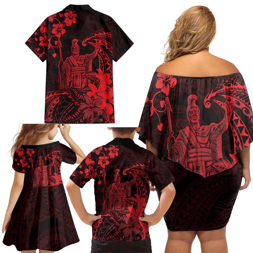 Hawaii King Kamehameha Day Family Matching Off Shoulder Short Dress and Hawaiian Shirt Polynesian Pattern Mix Hibiscus Red