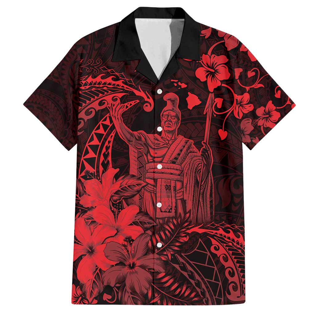 Hawaii King Kamehameha Day Family Matching Puletasi and Hawaiian Shirt Polynesian Pattern Mix Hibiscus Red LT05 Dad's Shirt - Short Sleeve Red - Polynesian Pride