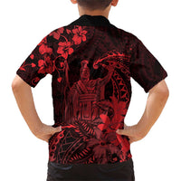 Hawaii King Kamehameha Day Family Matching Short Sleeve Bodycon Dress and Hawaiian Shirt Polynesian Pattern Mix Hibiscus Red