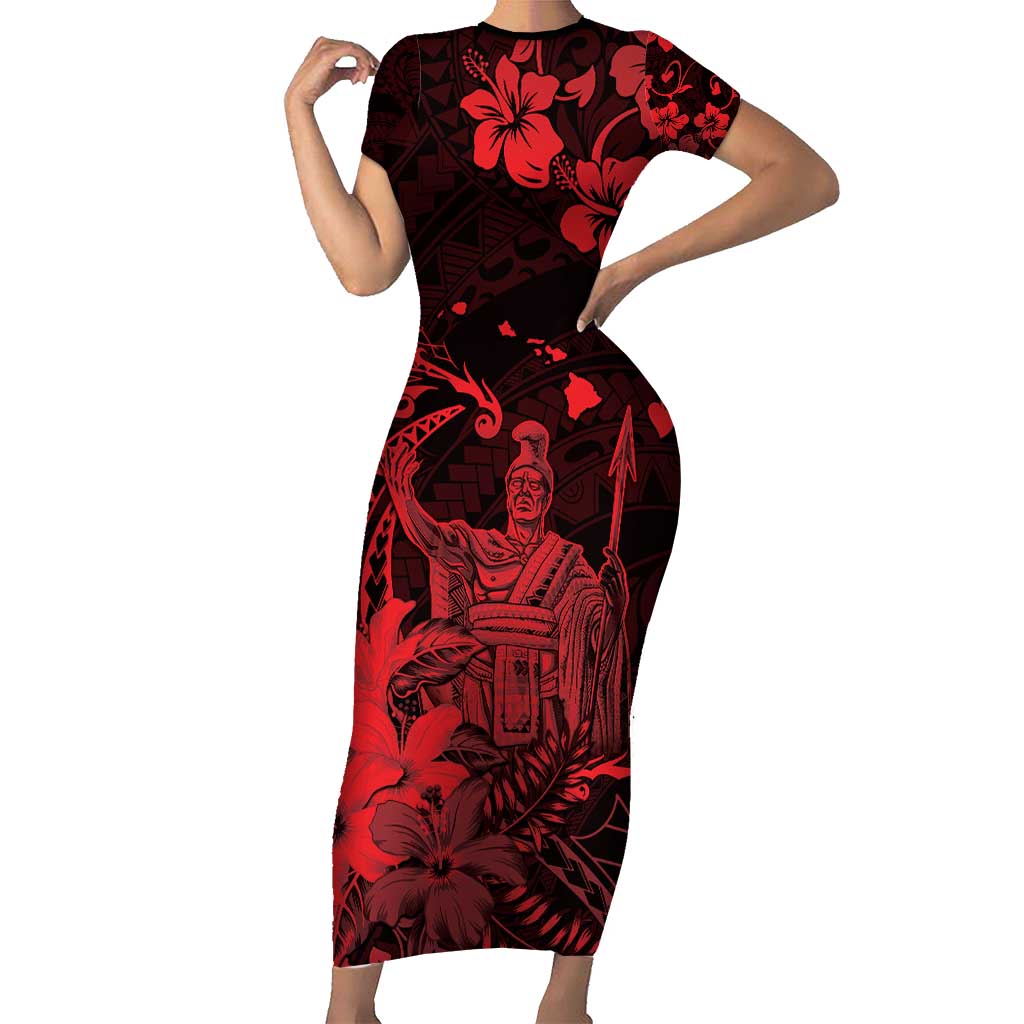 Hawaii King Kamehameha Day Family Matching Short Sleeve Bodycon Dress and Hawaiian Shirt Polynesian Pattern Mix Hibiscus Red