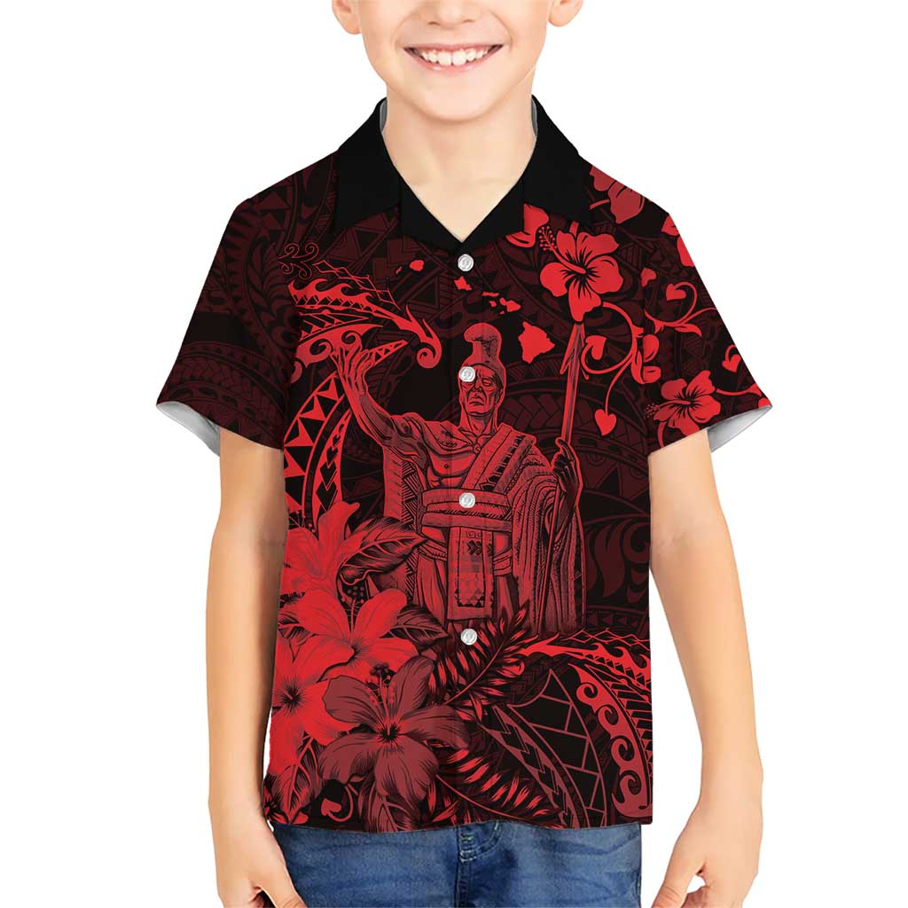 Hawaii King Kamehameha Day Family Matching Short Sleeve Bodycon Dress and Hawaiian Shirt Polynesian Pattern Mix Hibiscus Red