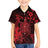 Hawaii King Kamehameha Day Family Matching Short Sleeve Bodycon Dress and Hawaiian Shirt Polynesian Pattern Mix Hibiscus Red