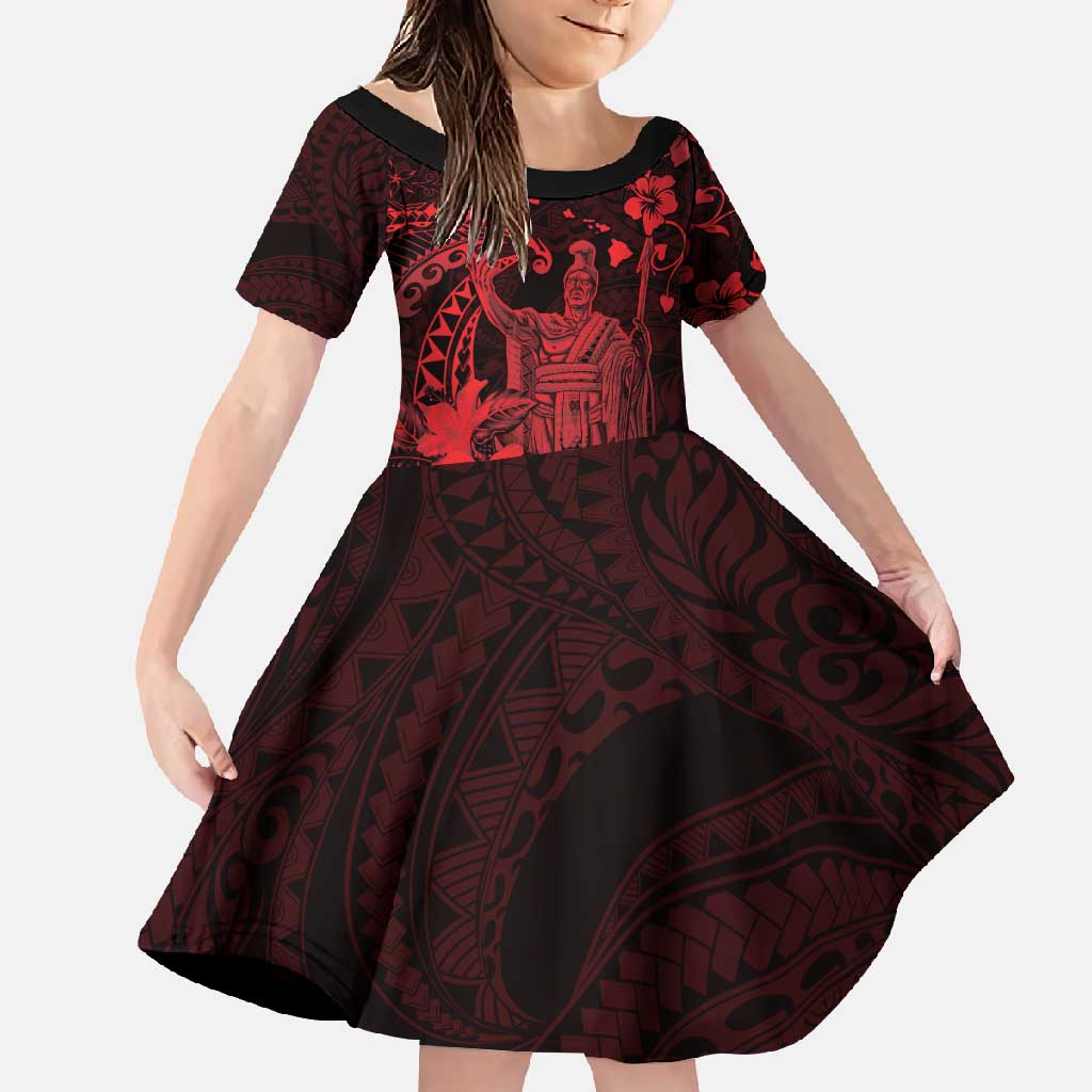 Hawaii King Kamehameha Day Family Matching Summer Maxi Dress and Hawaiian Shirt Polynesian Pattern Mix Hibiscus Red LT05 Daughter's Dress Red - Polynesian Pride