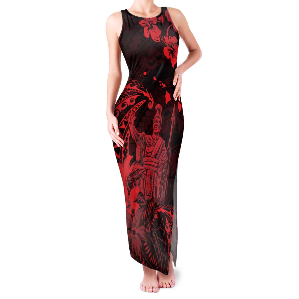 Hawaii King Kamehameha Day Family Matching Tank Maxi Dress and Hawaiian Shirt Polynesian Pattern Mix Hibiscus Red