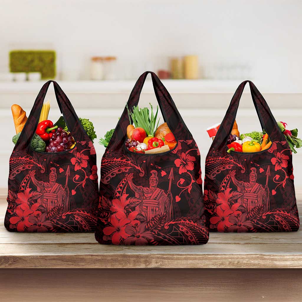 Hawaii King Kamehameha Day Grocery Bag Polynesian Pattern Mix Hibiscus Red LT05 3-pack One Size Red - Polynesian Pride