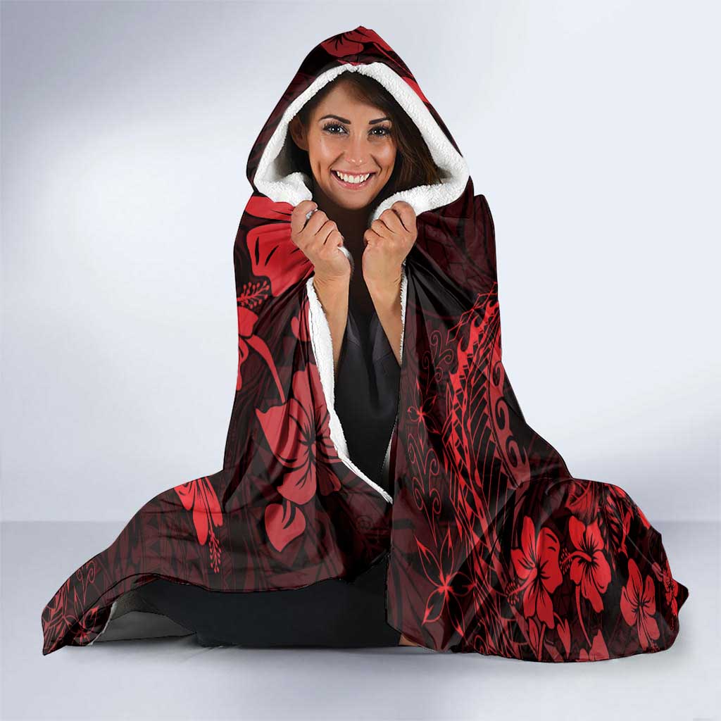 Hawaii King Kamehameha Day Hooded Blanket Polynesian Pattern Mix Hibiscus Red