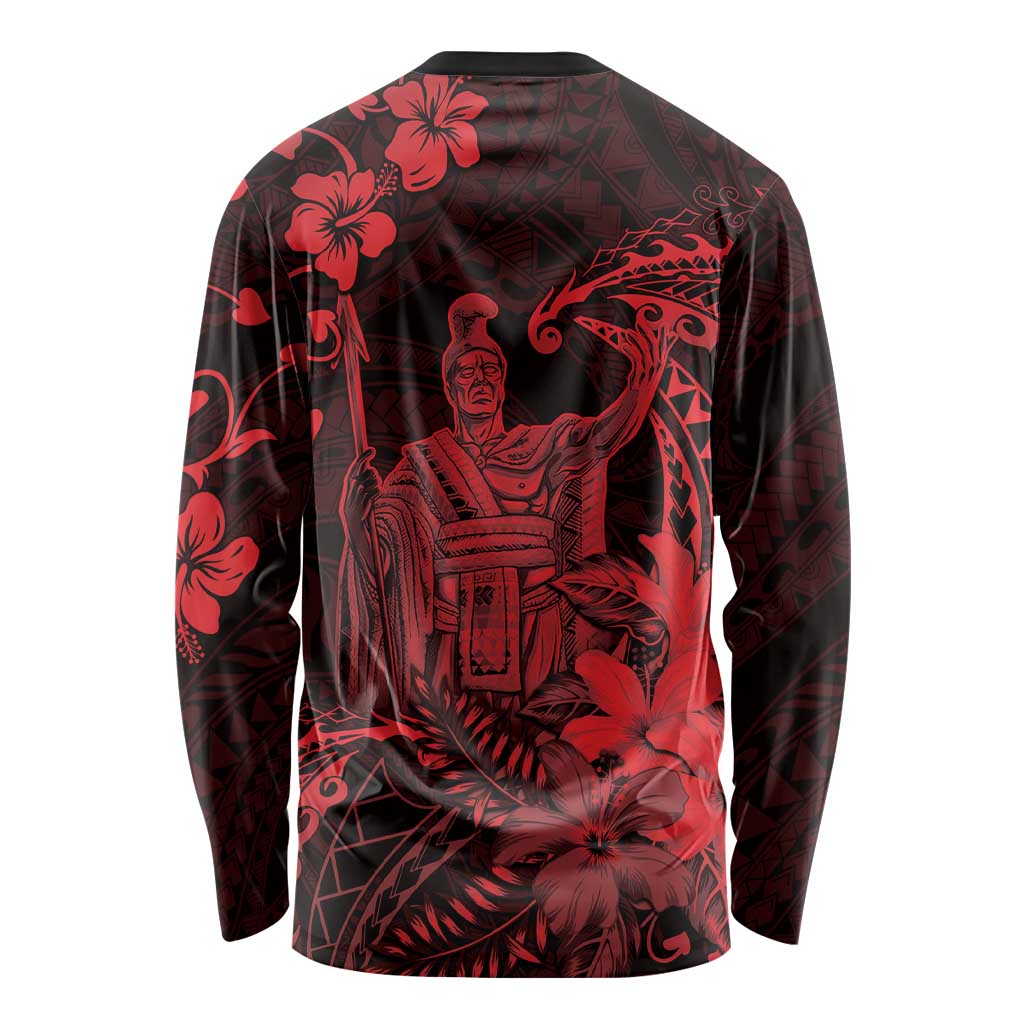 Hawaii King Kamehameha Day Long Sleeve Shirt Polynesian Pattern Mix Hibiscus Red LT05 - Polynesian Pride