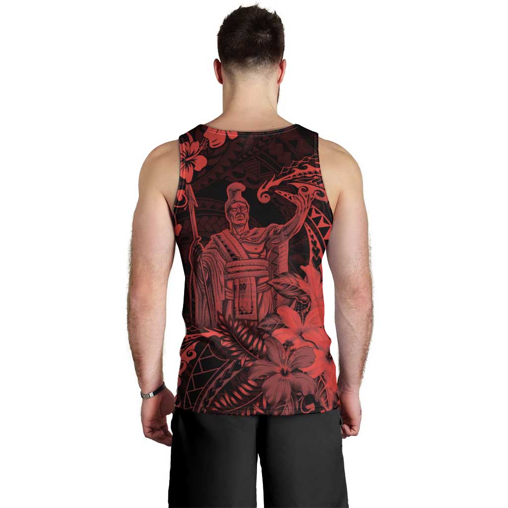 Hawaii King Kamehameha Day Men Tank Top Polynesian Pattern Mix Hibiscus Red