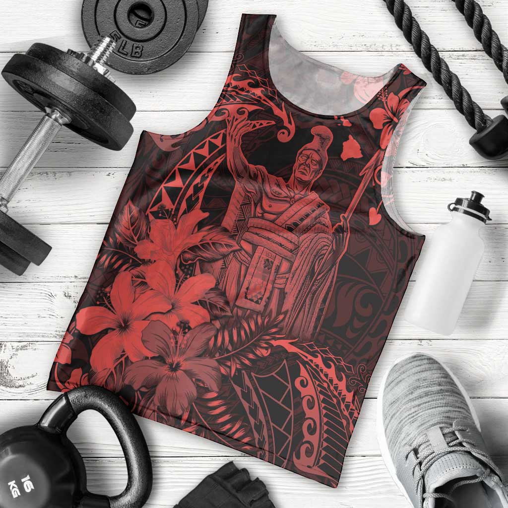Hawaii King Kamehameha Day Men Tank Top Polynesian Pattern Mix Hibiscus Red