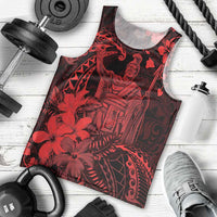 Hawaii King Kamehameha Day Men Tank Top Polynesian Pattern Mix Hibiscus Red