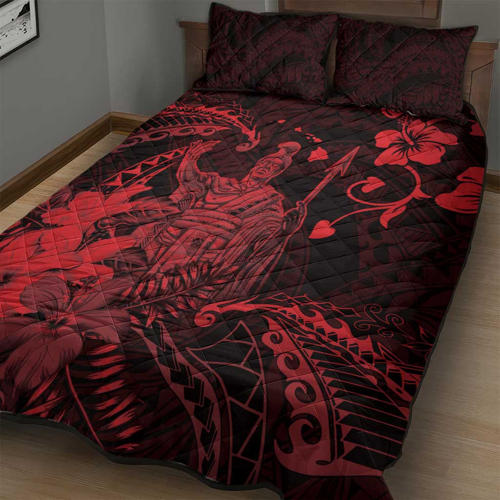 Hawaii King Kamehameha Day Quilt Bed Set Polynesian Pattern Mix Hibiscus Red