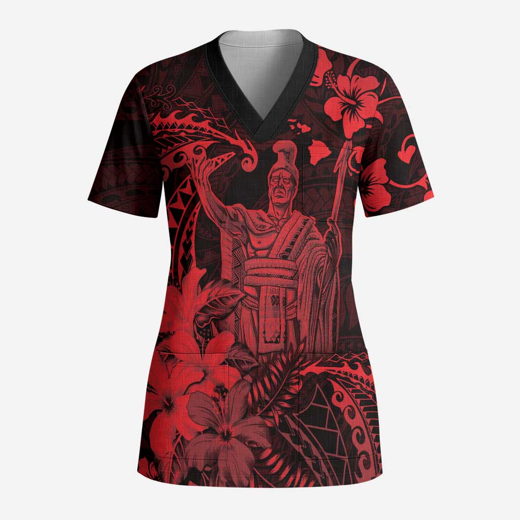 Hawaii King Kamehameha Day Scrub Top Polynesian Pattern Mix Hibiscus Red - Polynesian Pride