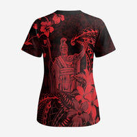 Hawaii King Kamehameha Day Scrub Top Polynesian Pattern Mix Hibiscus Red - Polynesian Pride