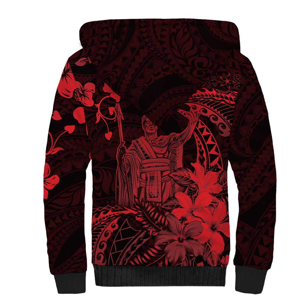 Hawaii King Kamehameha Day Sherpa Hoodie Polynesian Pattern Mix Hibiscus Red