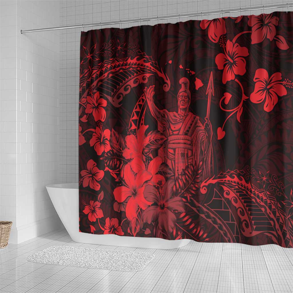 Hawaii King Kamehameha Day Shower Curtain Polynesian Pattern Mix Hibiscus Red