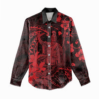 Hawaii King Kamehameha Day Women Casual Shirt Polynesian Pattern Mix Hibiscus Red