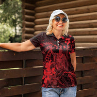 Hawaii King Kamehameha Day Women Polo Shirt Polynesian Pattern Mix Hibiscus Red