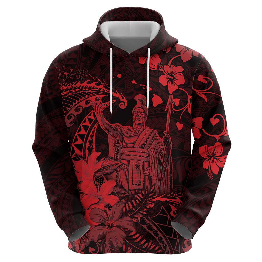 Hawaii King Kamehameha Day Zip Hoodie Polynesian Pattern Mix Hibiscus Red