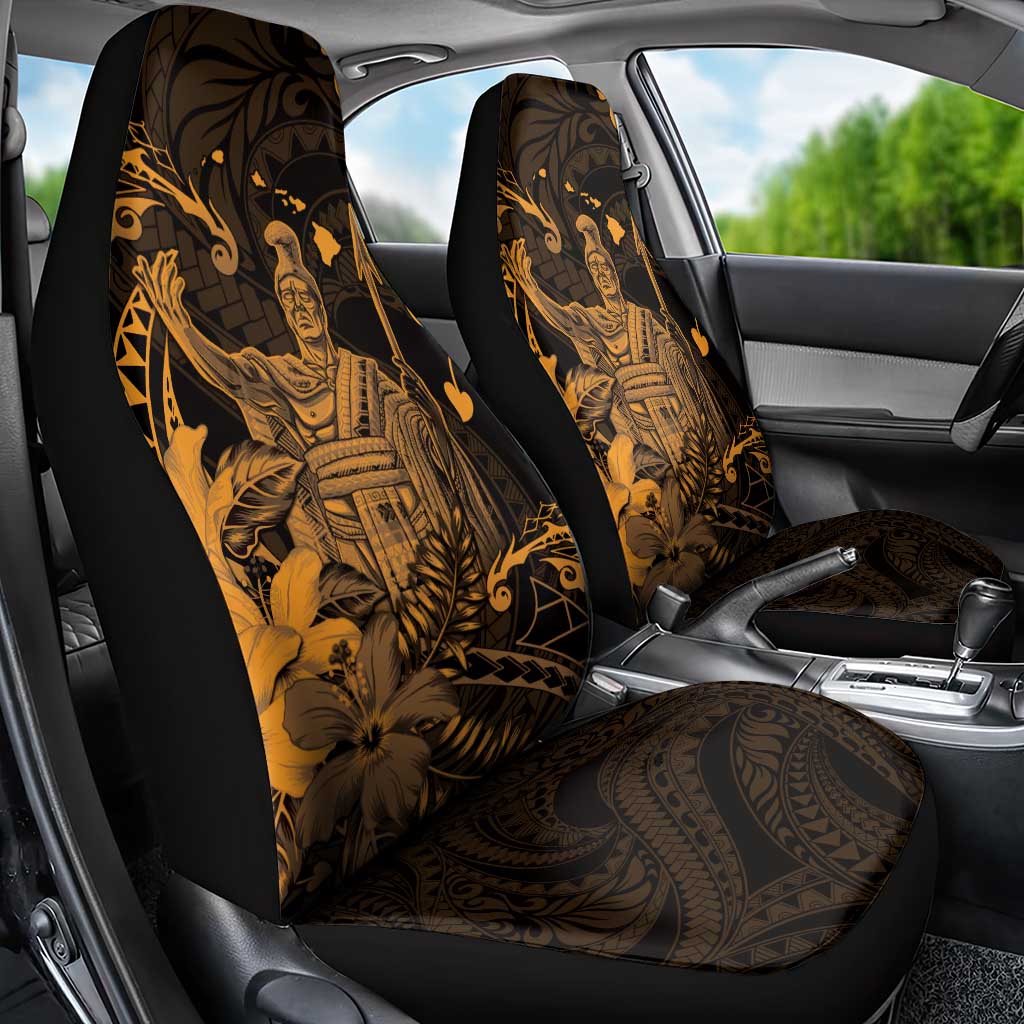 Hawaii King Kamehameha Day Car Seat Cover Polynesian Pattern Mix Hibiscus Gold
