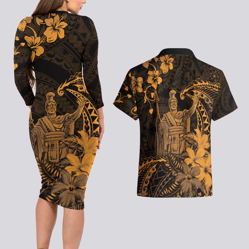 Hawaii King Kamehameha Day Couples Matching Long Sleeve Bodycon Dress and Hawaiian Shirt Polynesian Pattern Mix Hibiscus Gold LT05 - Polynesian Pride