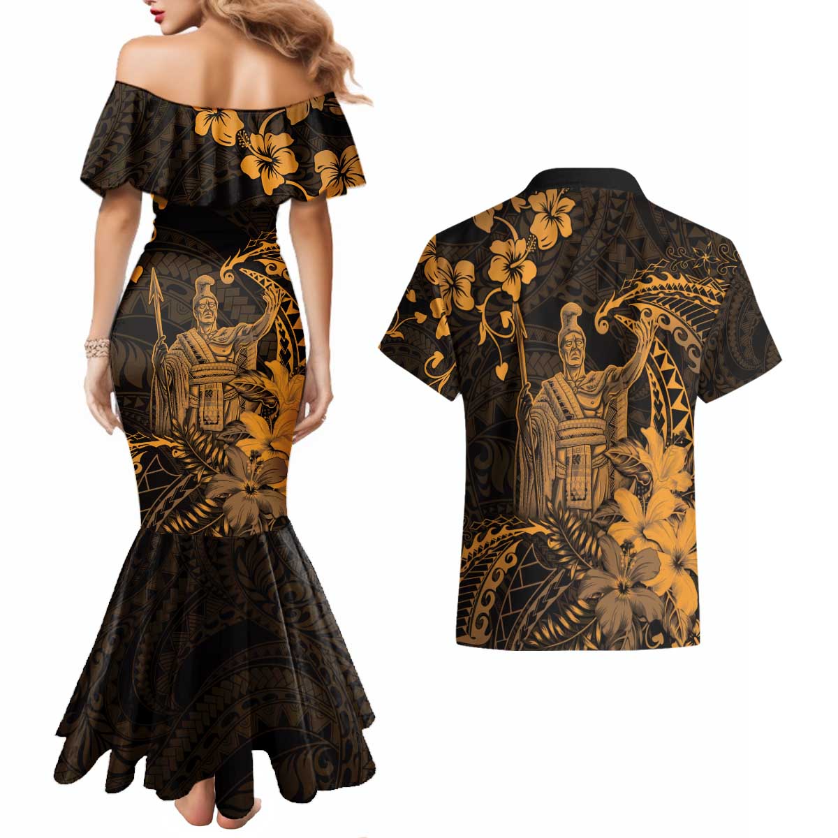 Hawaii King Kamehameha Day Couples Matching Mermaid Dress and Hawaiian Shirt Polynesian Pattern Mix Hibiscus Gold LT05 - Polynesian Pride