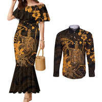 Hawaii King Kamehameha Day Couples Matching Mermaid Dress and Long Sleeve Button Shirt Polynesian Pattern Mix Hibiscus Gold LT05 Gold - Polynesian Pride