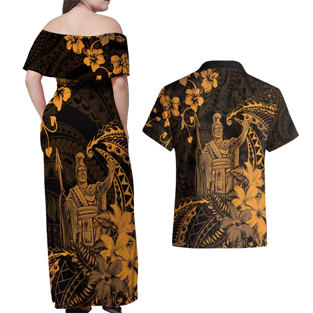 Hawaii King Kamehameha Day Couples Matching Off Shoulder Maxi Dress and Hawaiian Shirt Polynesian Pattern Mix Hibiscus Gold LT05 - Polynesian Pride