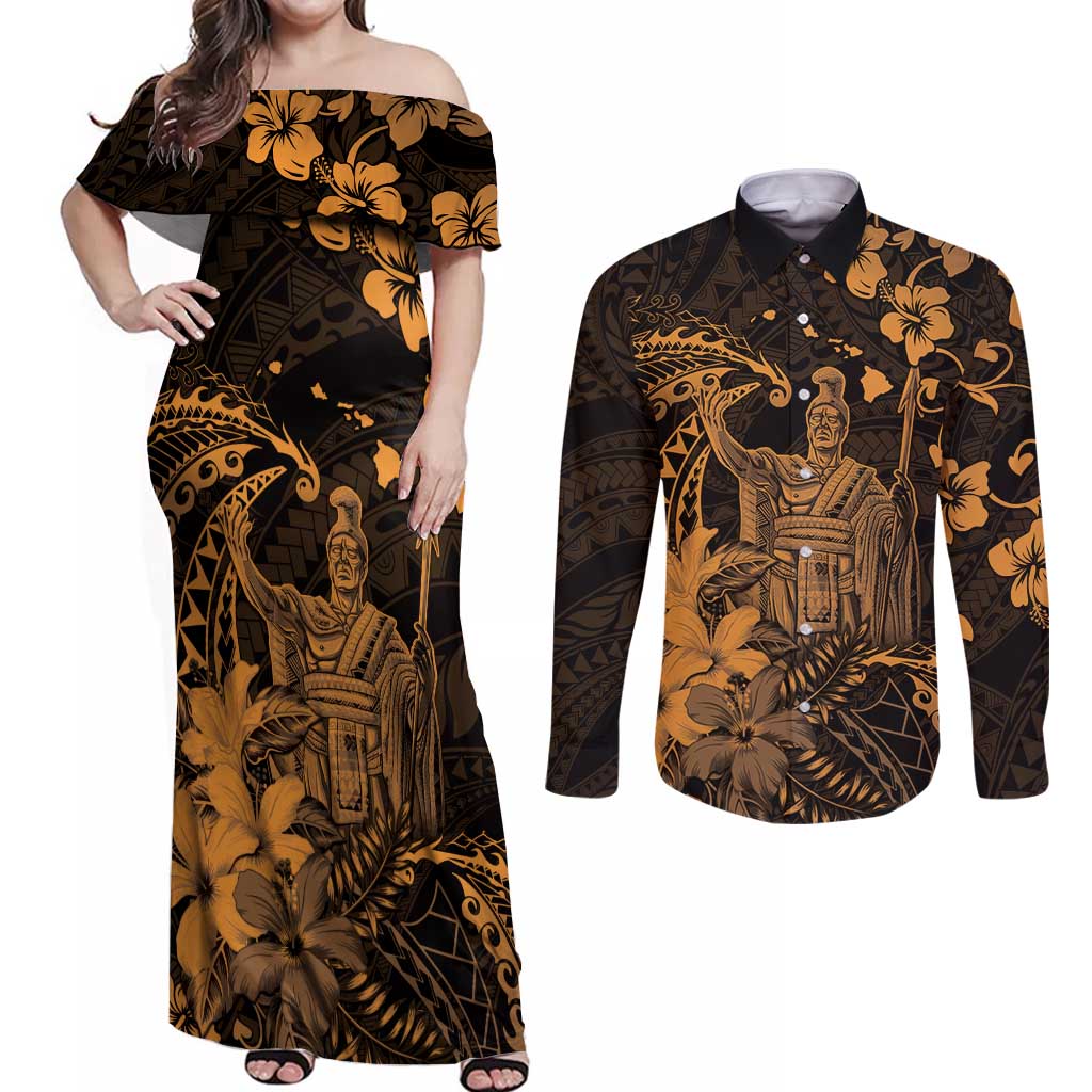 Hawaii King Kamehameha Day Couples Matching Off Shoulder Maxi Dress and Long Sleeve Button Shirt Polynesian Pattern Mix Hibiscus Gold LT05 Gold - Polynesian Pride
