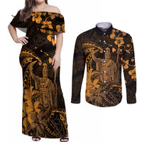 Hawaii King Kamehameha Day Couples Matching Off Shoulder Maxi Dress and Long Sleeve Button Shirt Polynesian Pattern Mix Hibiscus Gold LT05 Gold - Polynesian Pride