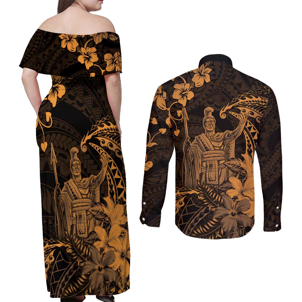Hawaii King Kamehameha Day Couples Matching Off Shoulder Maxi Dress and Long Sleeve Button Shirt Polynesian Pattern Mix Hibiscus Gold LT05 - Polynesian Pride