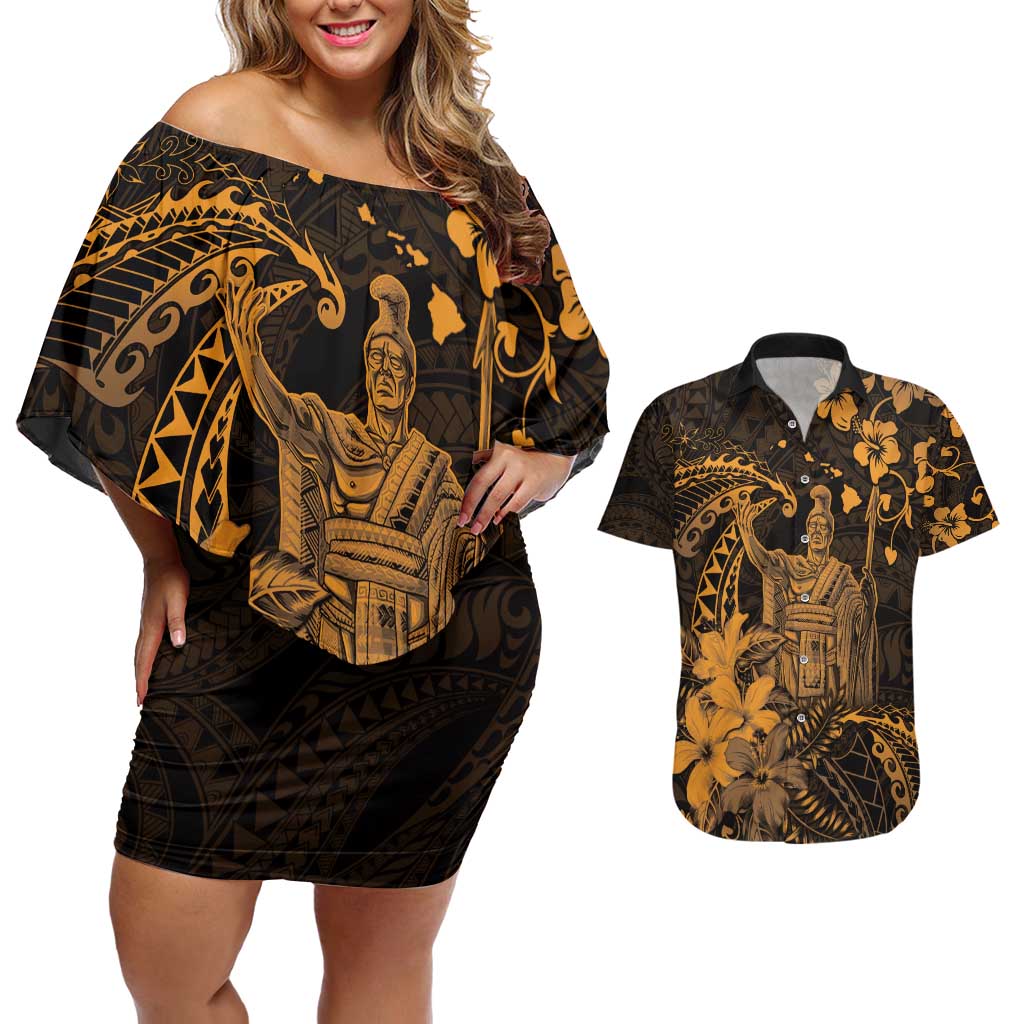 Hawaii King Kamehameha Day Couples Matching Off Shoulder Short Dress and Hawaiian Shirt Polynesian Pattern Mix Hibiscus Gold LT05 Gold - Polynesian Pride