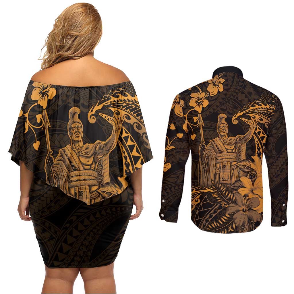 Hawaii King Kamehameha Day Couples Matching Off Shoulder Short Dress and Long Sleeve Button Shirt Polynesian Pattern Mix Hibiscus Gold LT05 - Polynesian Pride