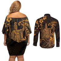 Hawaii King Kamehameha Day Couples Matching Off Shoulder Short Dress and Long Sleeve Button Shirt Polynesian Pattern Mix Hibiscus Gold LT05 - Polynesian Pride