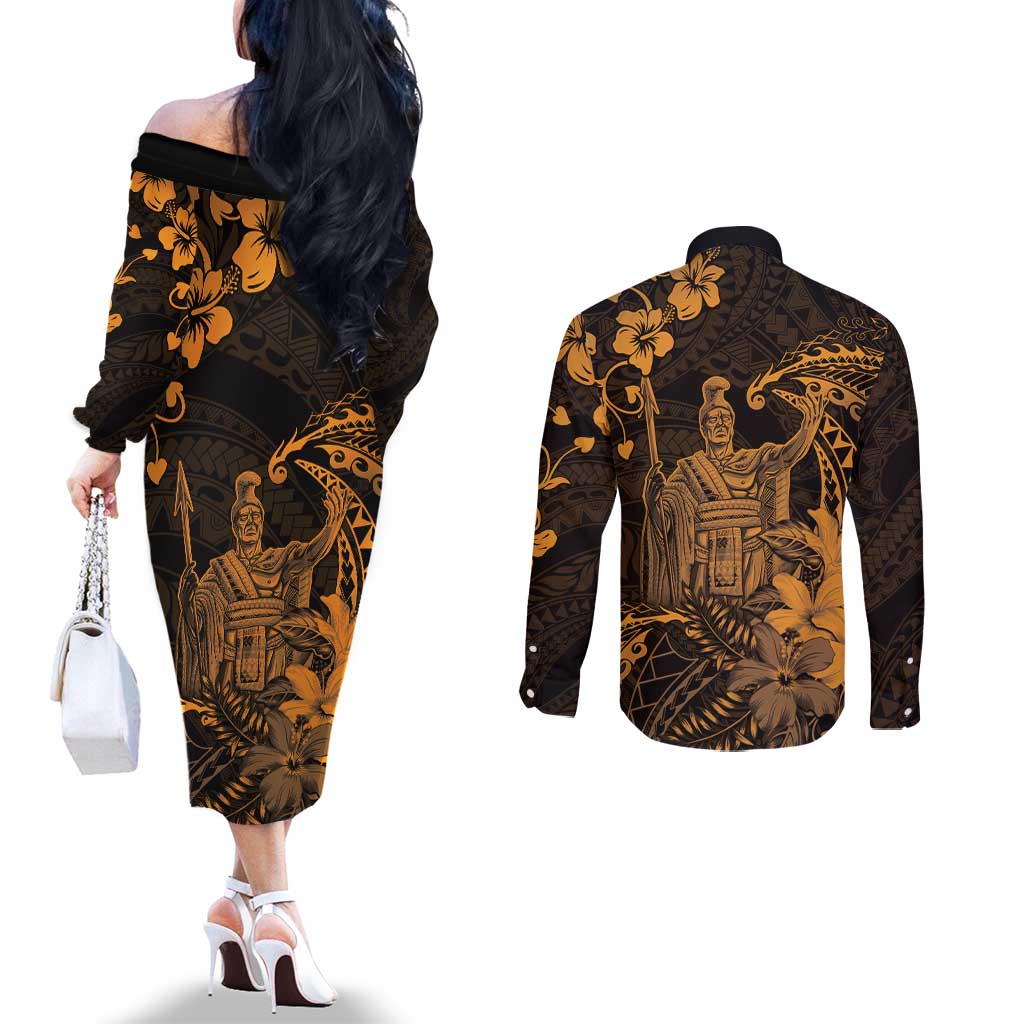 Hawaii King Kamehameha Day Couples Matching Off The Shoulder Long Sleeve Dress and Long Sleeve Button Shirt Polynesian Pattern Mix Hibiscus Gold LT05 - Polynesian Pride