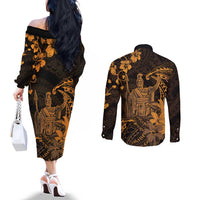 Hawaii King Kamehameha Day Couples Matching Off The Shoulder Long Sleeve Dress and Long Sleeve Button Shirt Polynesian Pattern Mix Hibiscus Gold LT05 - Polynesian Pride