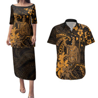 Hawaii King Kamehameha Day Couples Matching Puletasi and Hawaiian Shirt Polynesian Pattern Mix Hibiscus Gold LT05 Gold - Polynesian Pride