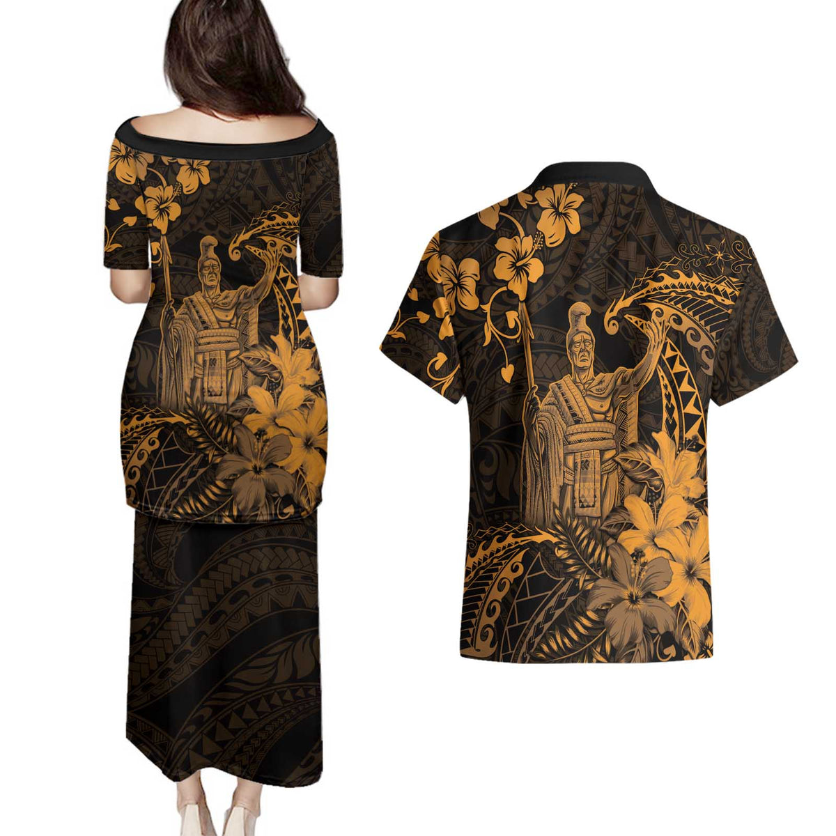 Hawaii King Kamehameha Day Couples Matching Puletasi and Hawaiian Shirt Polynesian Pattern Mix Hibiscus Gold LT05 - Polynesian Pride