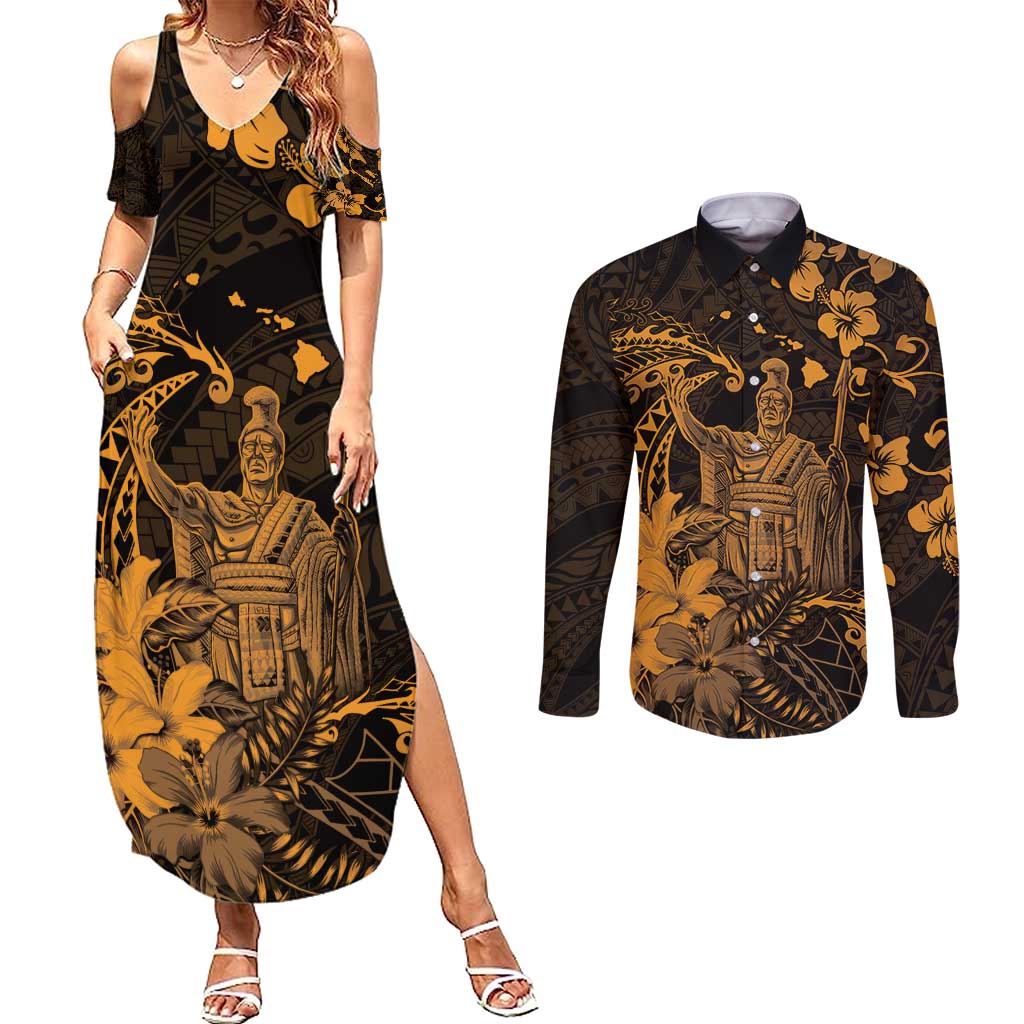 Hawaii King Kamehameha Day Couples Matching Summer Maxi Dress and Long Sleeve Button Shirt Polynesian Pattern Mix Hibiscus Gold LT05 Gold - Polynesian Pride