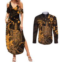 Hawaii King Kamehameha Day Couples Matching Summer Maxi Dress and Long Sleeve Button Shirt Polynesian Pattern Mix Hibiscus Gold LT05 Gold - Polynesian Pride