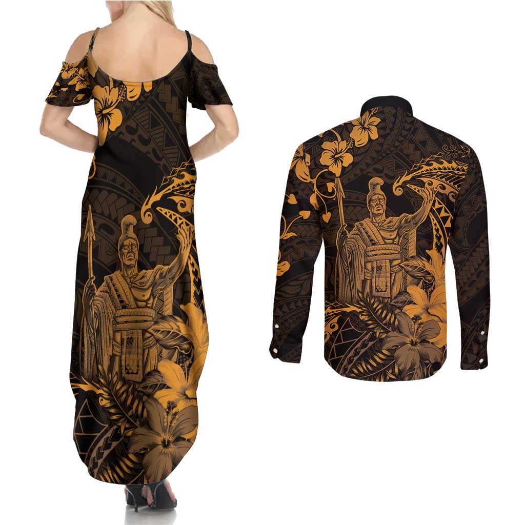 Hawaii King Kamehameha Day Couples Matching Summer Maxi Dress and Long Sleeve Button Shirt Polynesian Pattern Mix Hibiscus Gold LT05 - Polynesian Pride