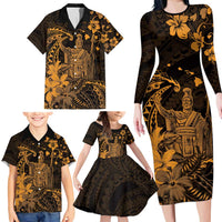 Hawaii King Kamehameha Day Family Matching Long Sleeve Bodycon Dress and Hawaiian Shirt Polynesian Pattern Mix Hibiscus Gold LT05 - Polynesian Pride