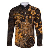 Hawaii King Kamehameha Day Family Matching Long Sleeve Bodycon Dress and Hawaiian Shirt Polynesian Pattern Mix Hibiscus Gold LT05 Dad's Shirt - Long Sleeve Gold - Polynesian Pride