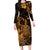 Hawaii King Kamehameha Day Family Matching Long Sleeve Bodycon Dress and Hawaiian Shirt Polynesian Pattern Mix Hibiscus Gold