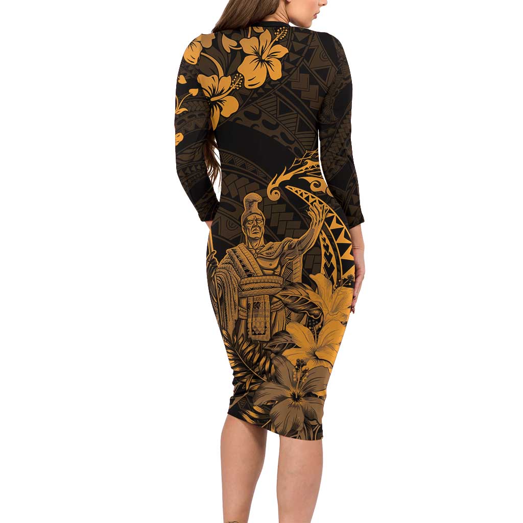 Hawaii King Kamehameha Day Family Matching Long Sleeve Bodycon Dress and Hawaiian Shirt Polynesian Pattern Mix Hibiscus Gold LT05 - Polynesian Pride