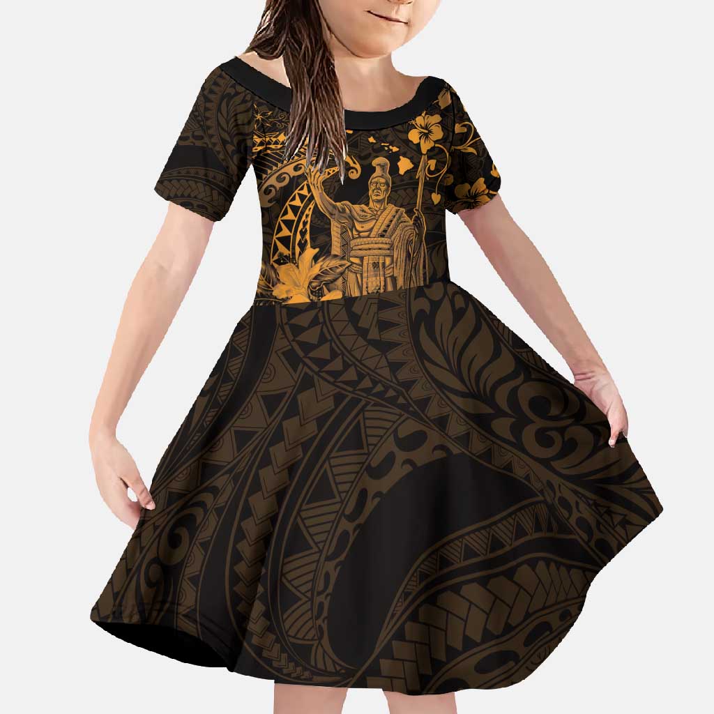 Hawaii King Kamehameha Day Family Matching Mermaid Dress and Hawaiian Shirt Polynesian Pattern Mix Hibiscus Gold LT05 Daughter's Dress Gold - Polynesian Pride