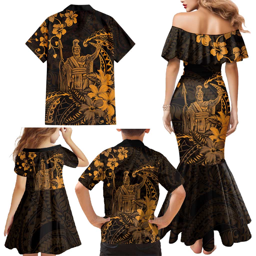 Hawaii King Kamehameha Day Family Matching Mermaid Dress and Hawaiian Shirt Polynesian Pattern Mix Hibiscus Gold LT05 - Polynesian Pride