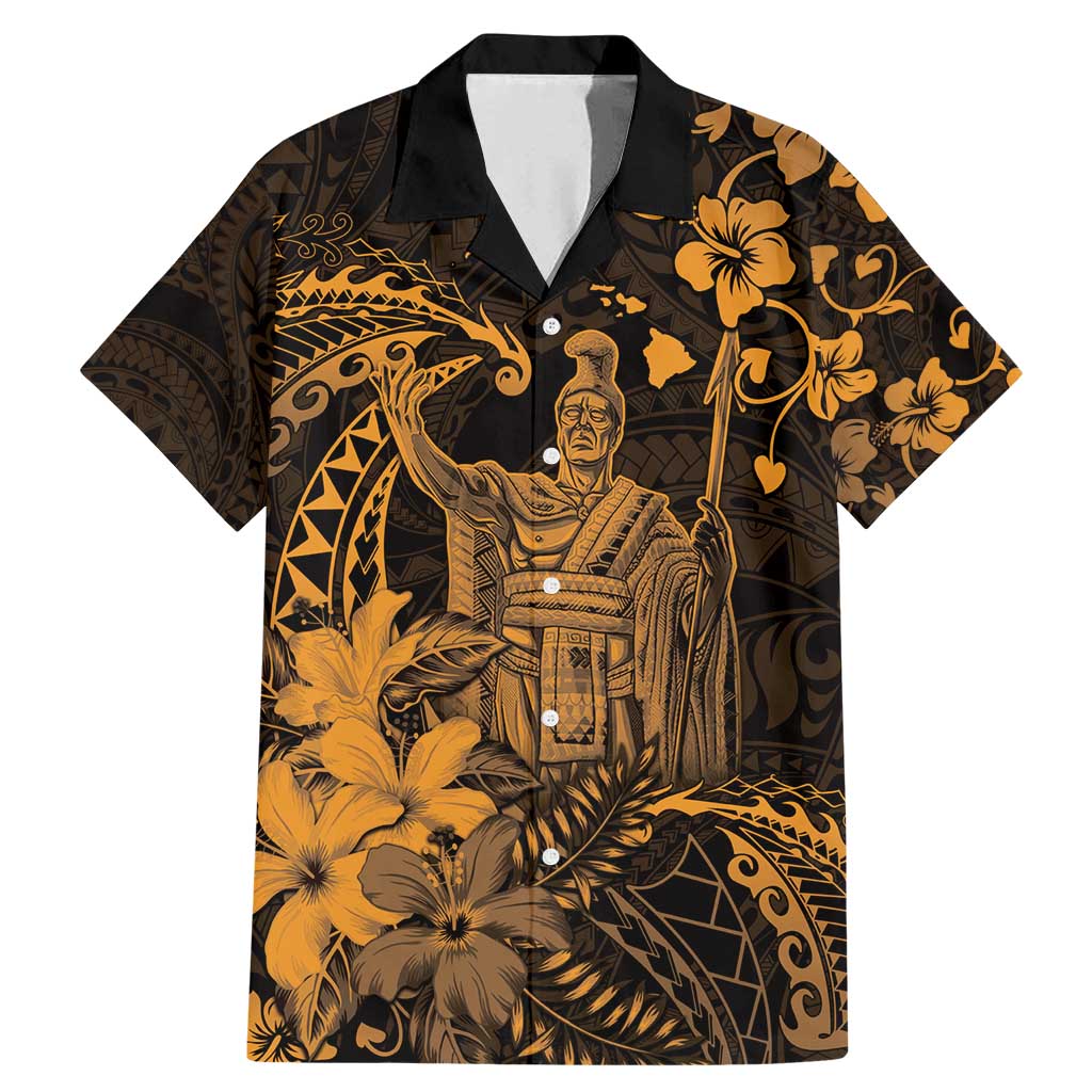 Hawaii King Kamehameha Day Family Matching Mermaid Dress and Hawaiian Shirt Polynesian Pattern Mix Hibiscus Gold LT05 Dad's Shirt - Short Sleeve Gold - Polynesian Pride