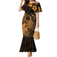 Hawaii King Kamehameha Day Family Matching Mermaid Dress and Hawaiian Shirt Polynesian Pattern Mix Hibiscus Gold LT05 Mom's Dress Gold - Polynesian Pride