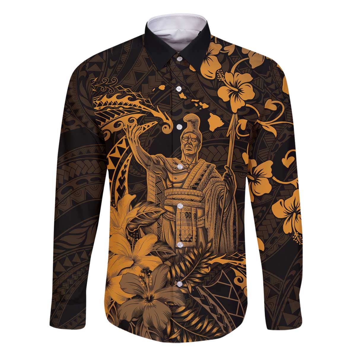 Hawaii King Kamehameha Day Family Matching Off The Shoulder Long Sleeve Dress and Hawaiian Shirt Polynesian Pattern Mix Hibiscus Gold