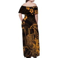 Hawaii King Kamehameha Day Family Matching Off Shoulder Maxi Dress and Hawaiian Shirt Polynesian Pattern Mix Hibiscus Gold